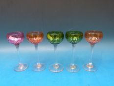 A set of five flash overlaid cut cordial glasses, 11.5cm tall.