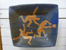 A large Simone McDowell studio pottery dish with figural decoration (45cm square)