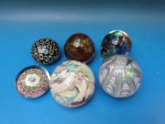Six glass paperweights with millefiori, latticino, overlaid,