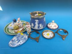 A Wedgwood Jasperware biscuit barrel, Chinese dragon plate, 1st period Worcester lid,