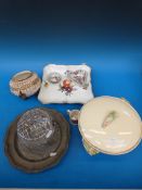 Chinese small dish and tea bowl with basket weave outside together with a miniature Staffordshire