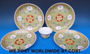 Four Chinese medallion dishes with Guangxu marks on a yellow ground (24cm in diameter),
