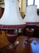 Two red urn lamps in crazed red,