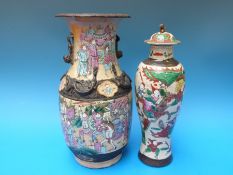 Two 19thC Chinese crackle glaze vases with warrior decoration (tallest 36cm)