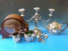 A quantity of silver plate including tea set, Rifle Club spoons (four hallmarked silver, 60g),