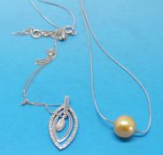 An 18ct white gold chain with a yellow pearl together with a 9ct gold chain and pendant