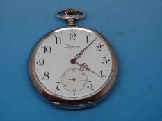 A gentleman's continental silver cased pocket watch with keyless movement by Longines, c1915,