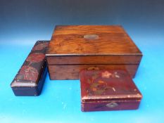 A mahogany workbox with lift out tray and two Japanese lacquer boxes
