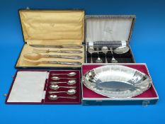 A cased set of hallmarked silver teaspoons (60g), boxed WMF bowl, cased plated cutlery,