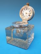 A large cut glass and hallmarked silver inkwell with pocket watch to lid, Birmingham 1903, maker J.