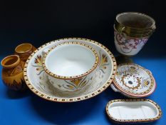 A Minton part toilet set, Clews chameleon vases and a brass and ceramic and brass ice bucket,