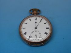 A 9ct gold gentleman's open faced pocket watch, enamelled dial with secondary seconds,