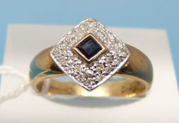 A 9ct gold ring set with a square sapphire surrounded by diamonds (size L)