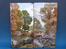 Two rectangular Minton tiles decorated with rural scenes
