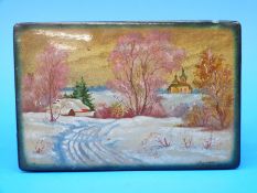A Russian lacquer box with snowy landscape to top (width 13cm)