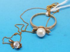 A 9ct gold pearl ring together with a pendant on 9ct chain