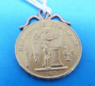 An 1878 mounted 20 franc gold coin (6.