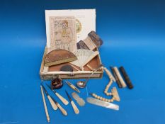 A small Georgian hallmarked silver ladle, filigree needle case, pen/pencil,