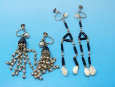 Two pairs of jet and pearl Art Deco earrings,
