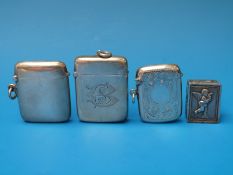 Three hallmarked silver vesta cases and a small box decorated with a cherub (marked 800)