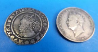 An Elizabeth I rose hammered sixpence 1568 second issue (better than fine) together with a George