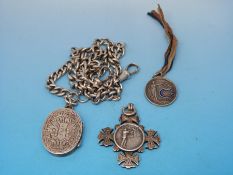 A double silver Albert chain with locket containing Boer War photograph together with a fob for