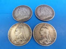 Four Victorian crowns comprising two veiled head and two Jubilee head examples