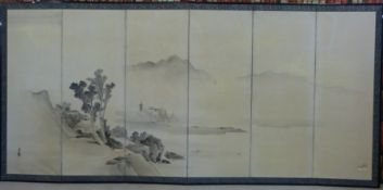 A Japanese six-panel ink on paper folding screen by Shiokawa Bunrin (1807-1877),