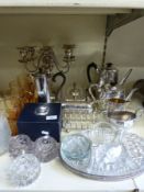 A quantity of silver plate including candelabra, tea set,