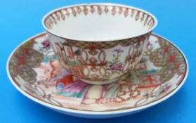 An 18thC Chinese tea bowl and saucer with polychrome figural decoration. Saucer approximately 11.