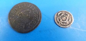 A Charles I Richmond farthing together with a small hammered silver coin with rose both sides