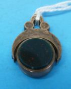 A Victorian yellow metal swivel fob marked 10ct gold set with agate and blood stone
