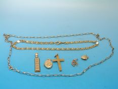 A 9ct gold ingot, 9ct gold chain, 9ct gold locket, yellow metal bracelet and yellow metal cross (8.