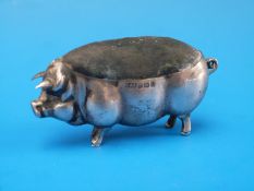 A large silver pin cushion in the form of a pig, B'ham 1910,
