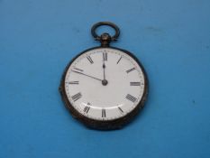 A ladies' open faced fob watch in white metal chased case,