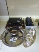 A collection of cased plated cutlery, including hallmarked silver handled knives,