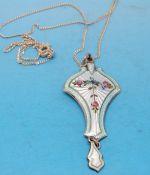 A hallmarked silver necklace decorated in enamel with pink flowers on a silver chain on blue ground