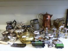 A quantity of silver plated ware including candelabra, tray, teaware, brass ware,