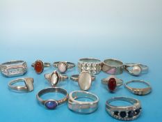 Fourteen white metal rings all marked 925 set with various stones to include mother of pearl,