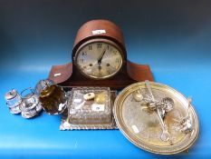 A small collection of plated ware and an oak cased carriage clock