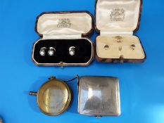 9ct gold studs, mother of pearl studs, a brass vintage tape measure by Taylor-Rolph Co.