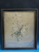 A George II signed embroidery on silk of a bouquet of flowers including passion fruit and roses.