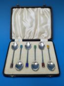 A cased set of six Art Deco silver and guilloché enamel spoons, B/ham 1936, maker J.