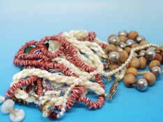 A collection of beads to include hardstone and silver necklaces, faux pearl, moonstone necklace,