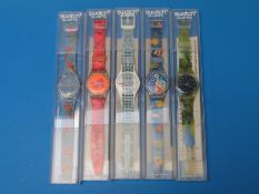 Five various Swatch wristwatches: Lucesca GG199, Kissy-Fishy GN204, Date Line GW129,