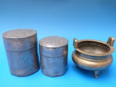 A Chinese bronze censer together with two Chinese pewter caddies,