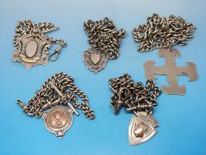 Five silver Albert chains all with fobs,