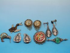 Two pairs of Japanese white metal earrings, micro mosaic brooch and earrings,