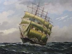 An oil on canvas of ship in full sail on the high seas,