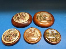 Five Prattware pot lids, Bears and Rock, Bear Pit, Performing Bear,